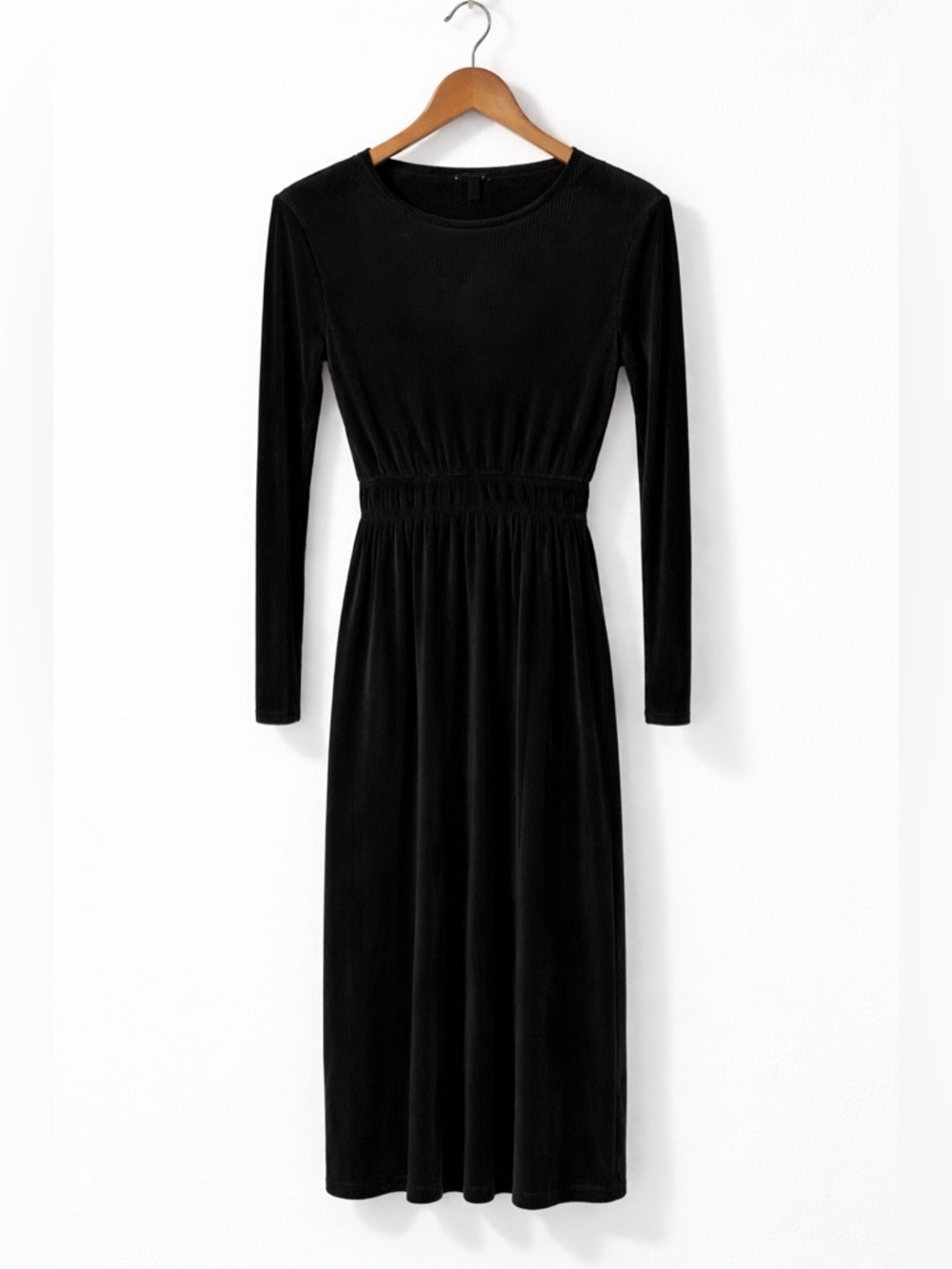Zara Black Ribbed Midi Dress Long Sleeve Fitted Waist Size S NWT